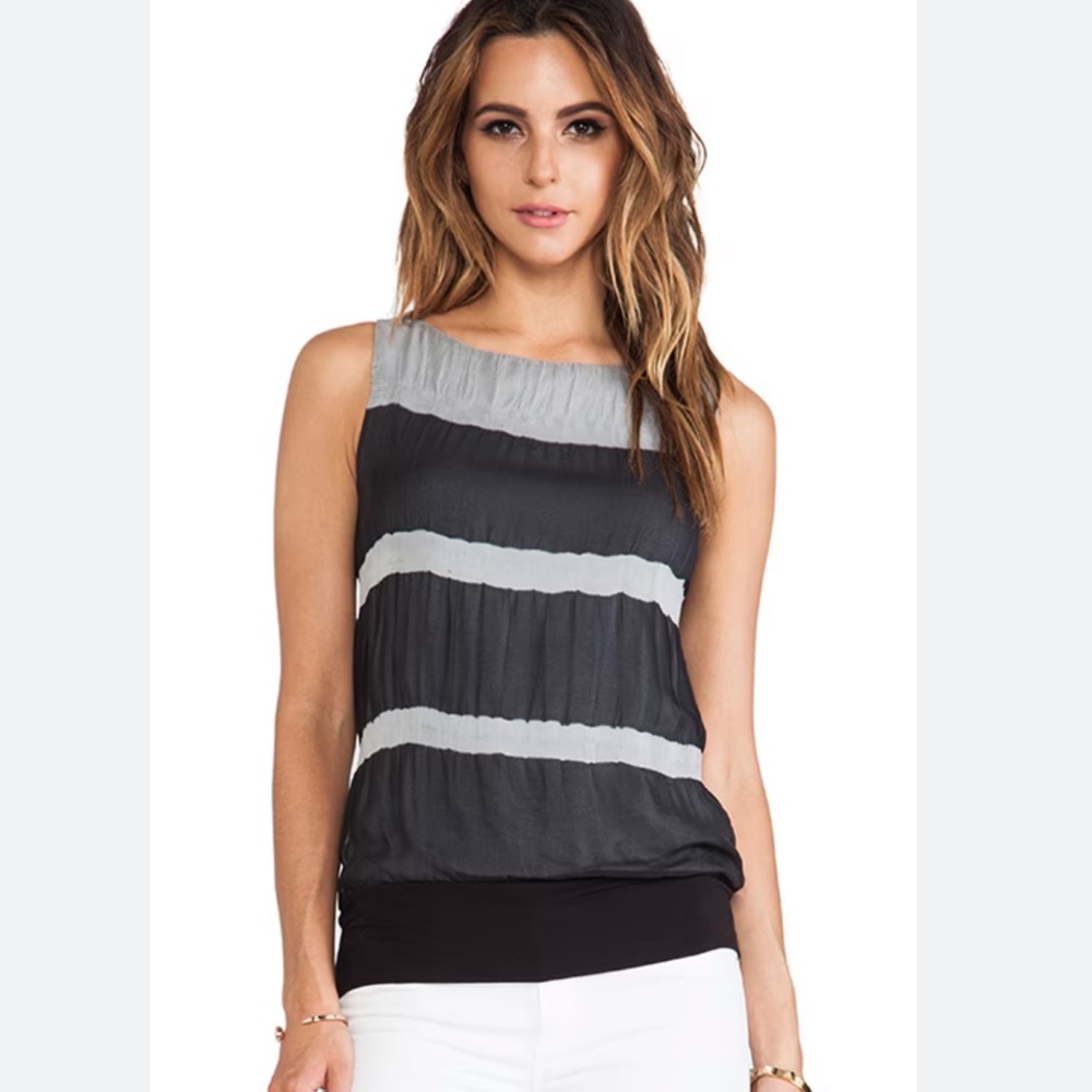 Bailey 44 Rothko Top. Silk sleeveless black & grey striped. Size L (8-10)